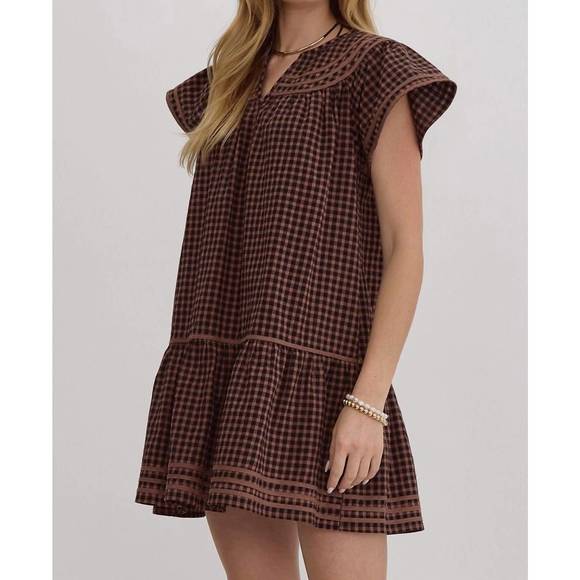 NEW ENTRO gingham mini dress in brown - Picture 3 of 4